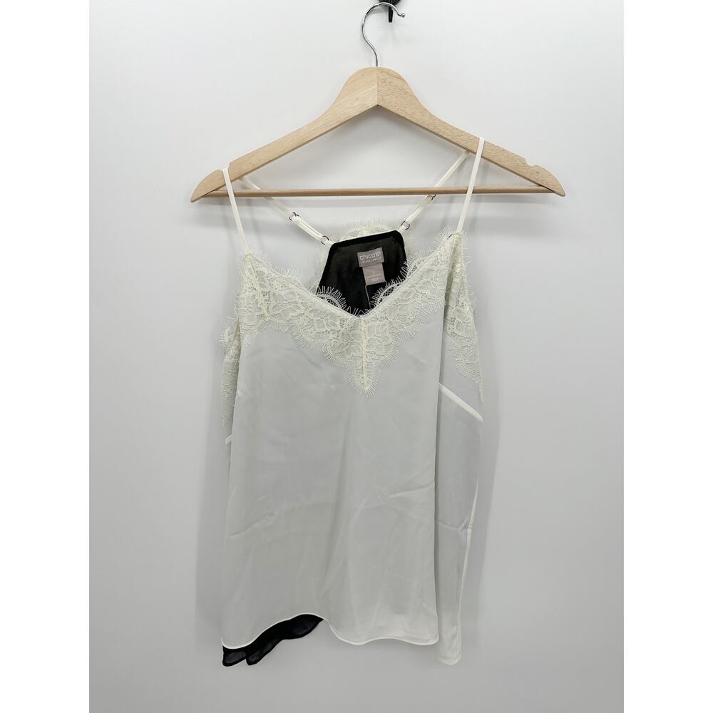 Chicos Black Label Lace Trim V-Neck‎ Tank Top Ecru Black Large 2 570239298